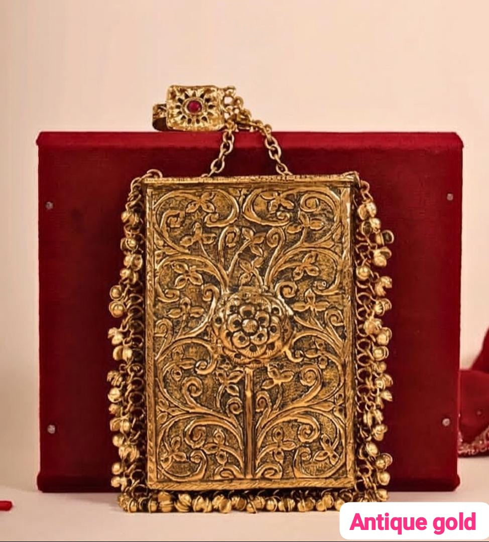 Noor Mahal antique gold clutch bag with traditional Indian craftsmanship