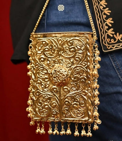 Noor Mahal brass designer mobile clutch with Ghoongroo detailing