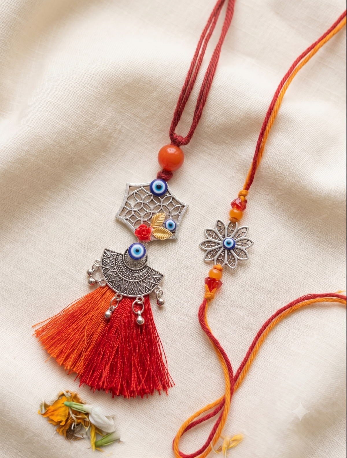 Oxidized Silver Evil Eye Bhaiya Bhabhi Rakhi Set