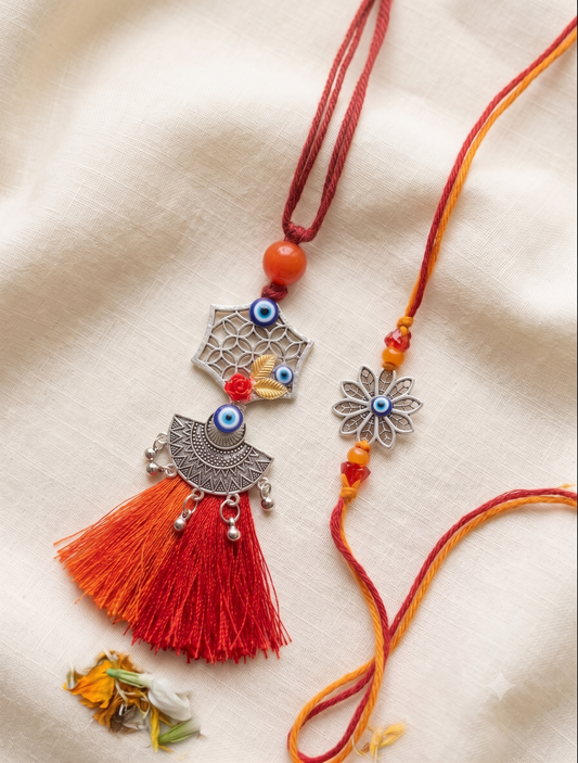 Oxidized Silver Evil Eye Bhaiya Bhabhi Rakhi Set
