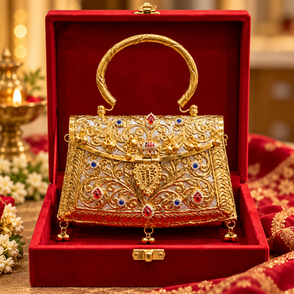 Pachi Kundan brass clutch bag with antique gold finish, handle and long sling