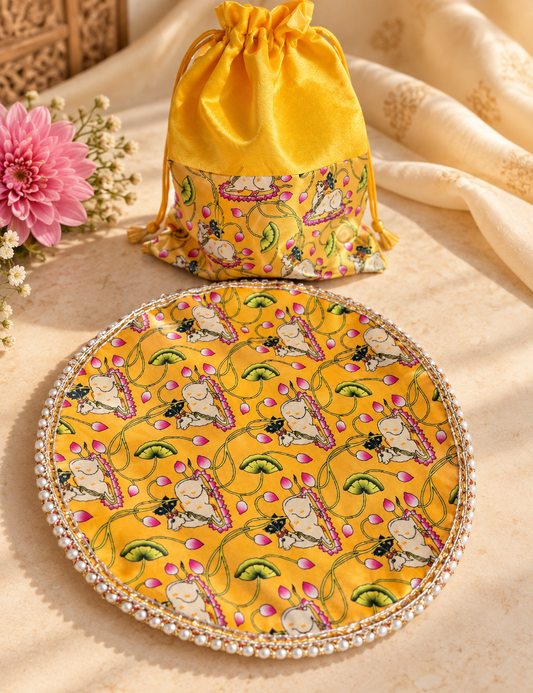 Papad and mangodi gift combo with decorative 9 × 8 inch potli bag and 11-inch round papad bag with chain, pack of 10 sets for traditional wedding return gifts and shagun gifting.