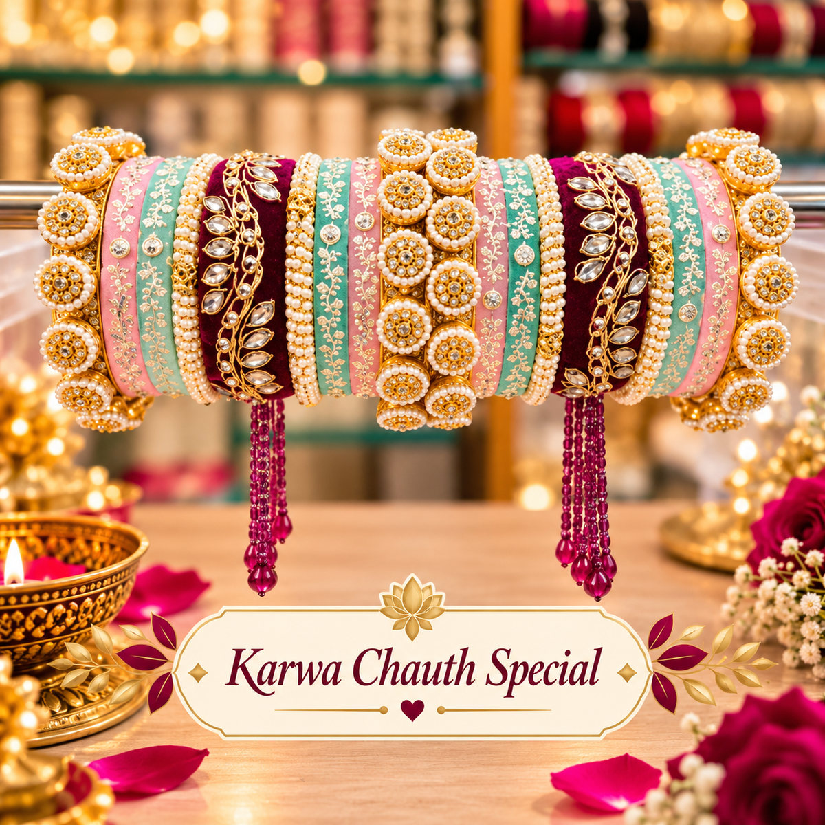 Pastel Rajputi chooda for Karwa Chauth with pink green maroon and gold detailing