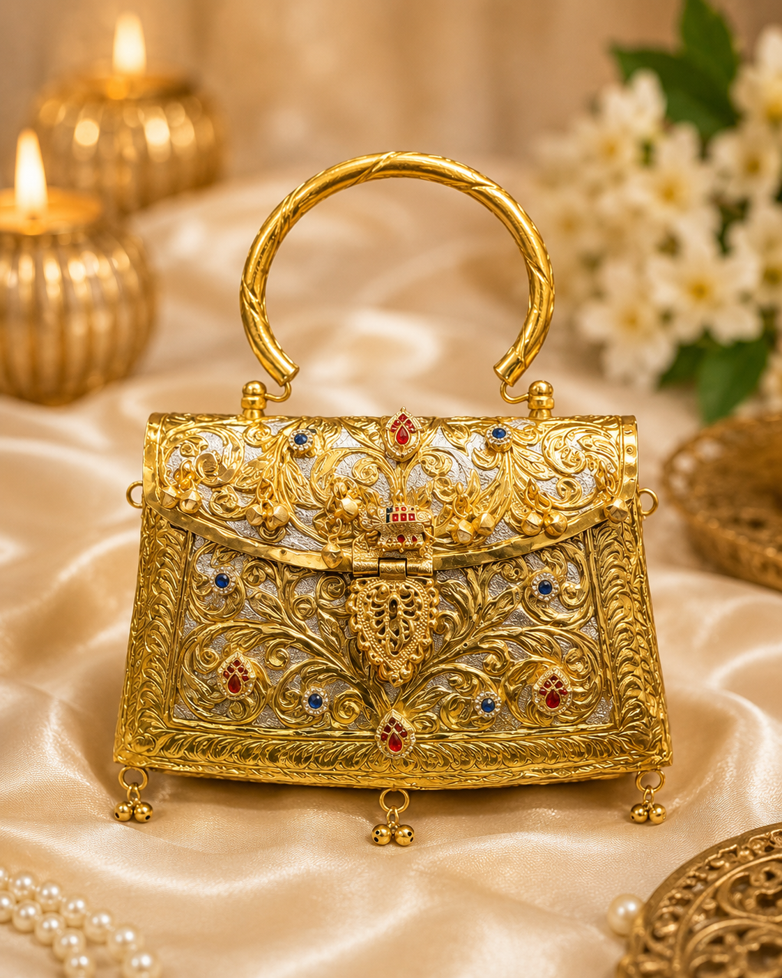 Patchi Kundan gold brass clutch with handcrafted traditional design