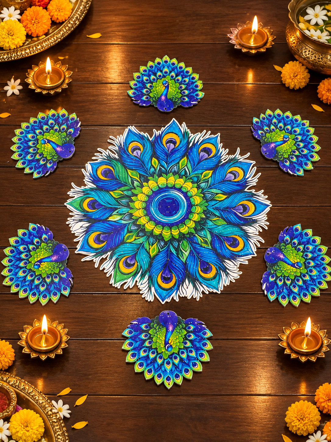 Peacock design reusable MDF rangoli set for Diwali and festive home decoration