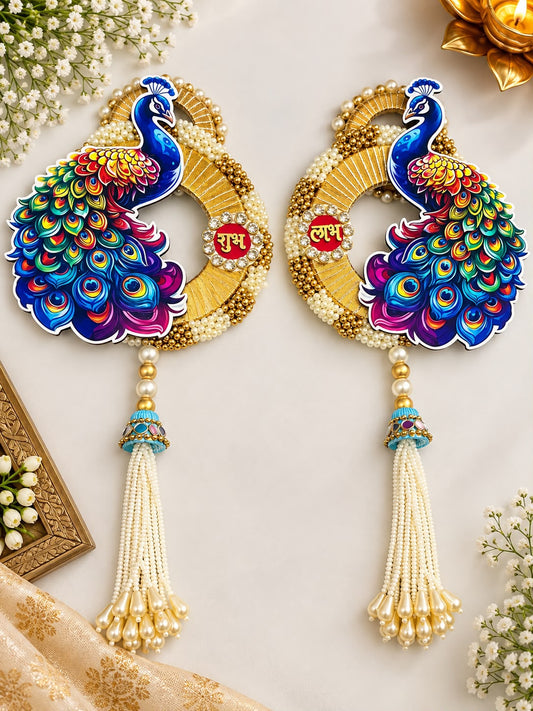 Peacock designer Shubh Labh elegant hanging pair for Diwali and festive home decoration