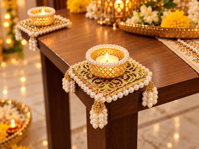Golden Pearl Table Corner Tealight Holders Set of 2 | Diwali Décor