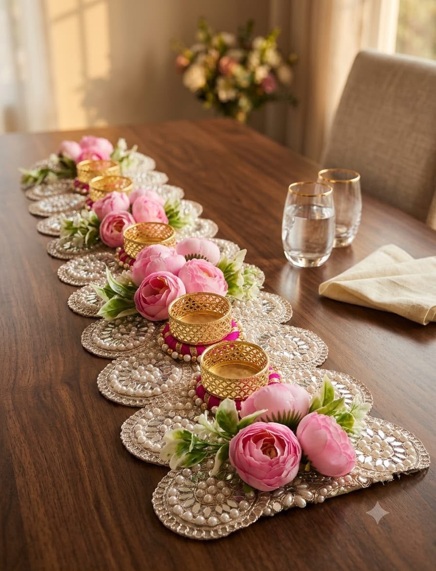 Pearl embellished 26 inch table runner for wedding and festive table decoration