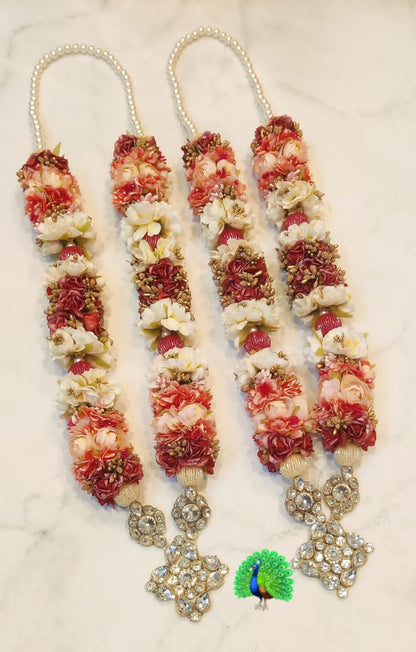 Pearl-embellished varamala set for bride and groom wedding rituals