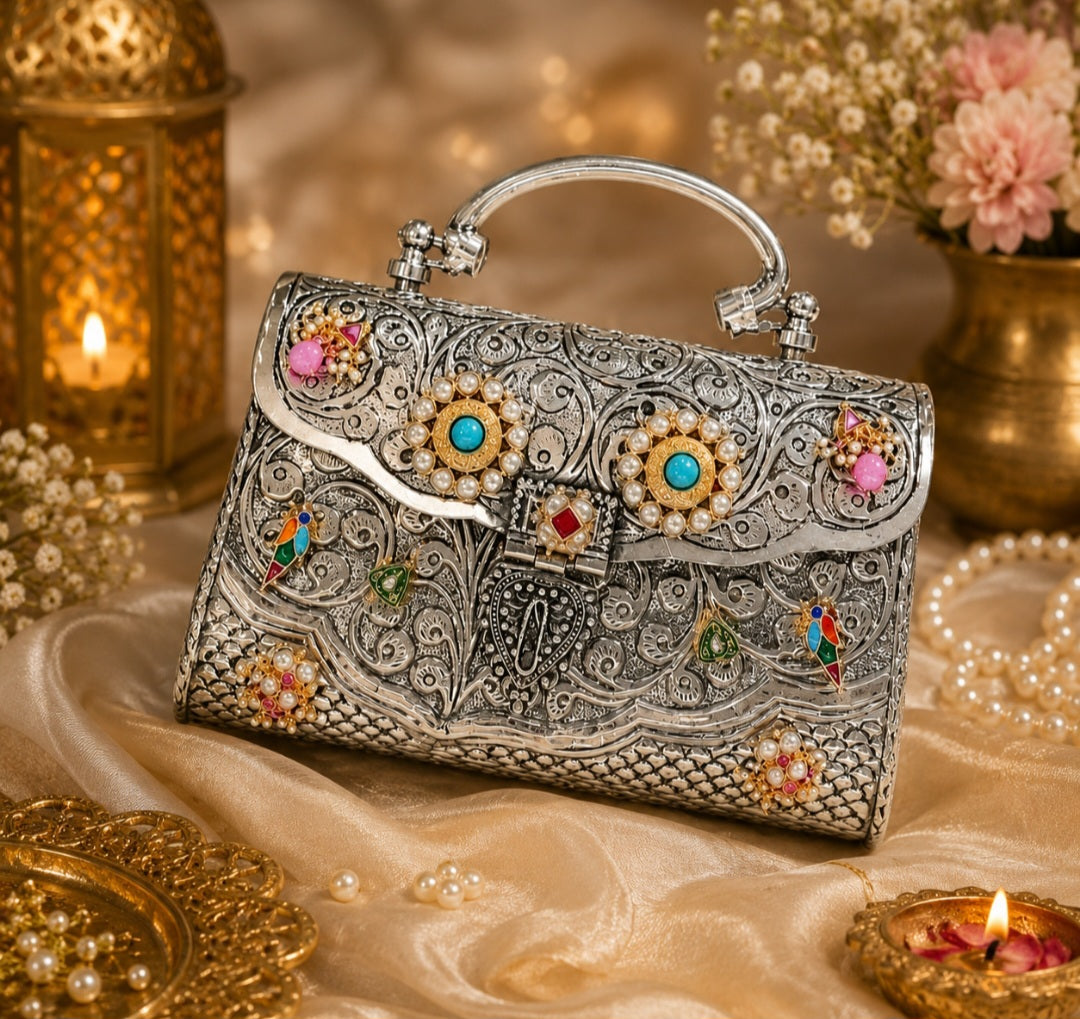 Brass clutch with pearl and stone embellishments for women