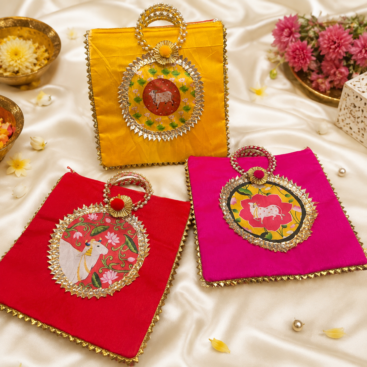 Handcrafted Pichwai Cow bag featuring traditional Indian artwork