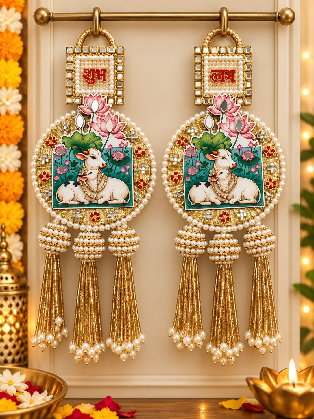 Pichwai design Shubh Labh elegant hanging pair for Diwali and festive wall decoration