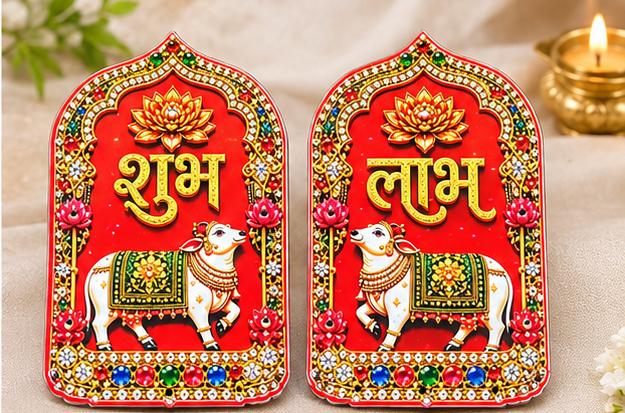 Pichwai Shubh Labh MDF pair for Diwali home and entrance decoration