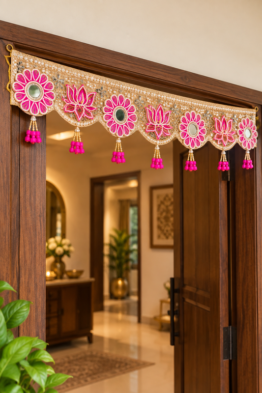 Pink floral mirror work designer Toran Bandarwal for main door decoration