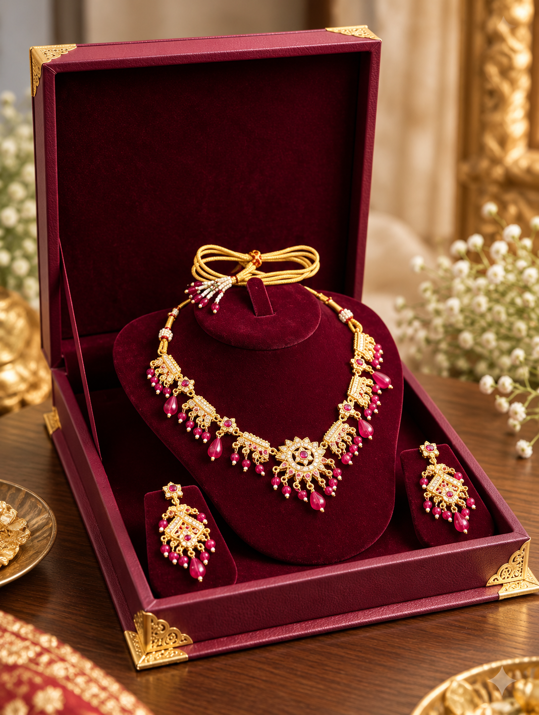 Traditional pink and gold-tone Indian necklace set with matching earrings displayed in a burgundy velvet jewellery box