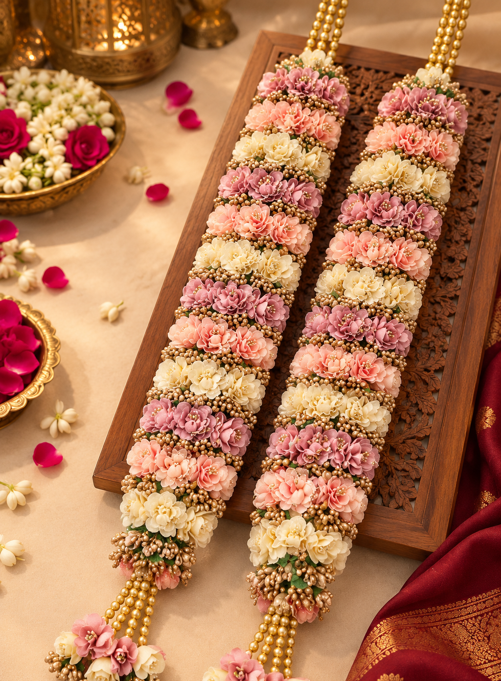 Handcrafted pink, peach and ivory floral wedding varmala set of two with golden detailing for bride and groom