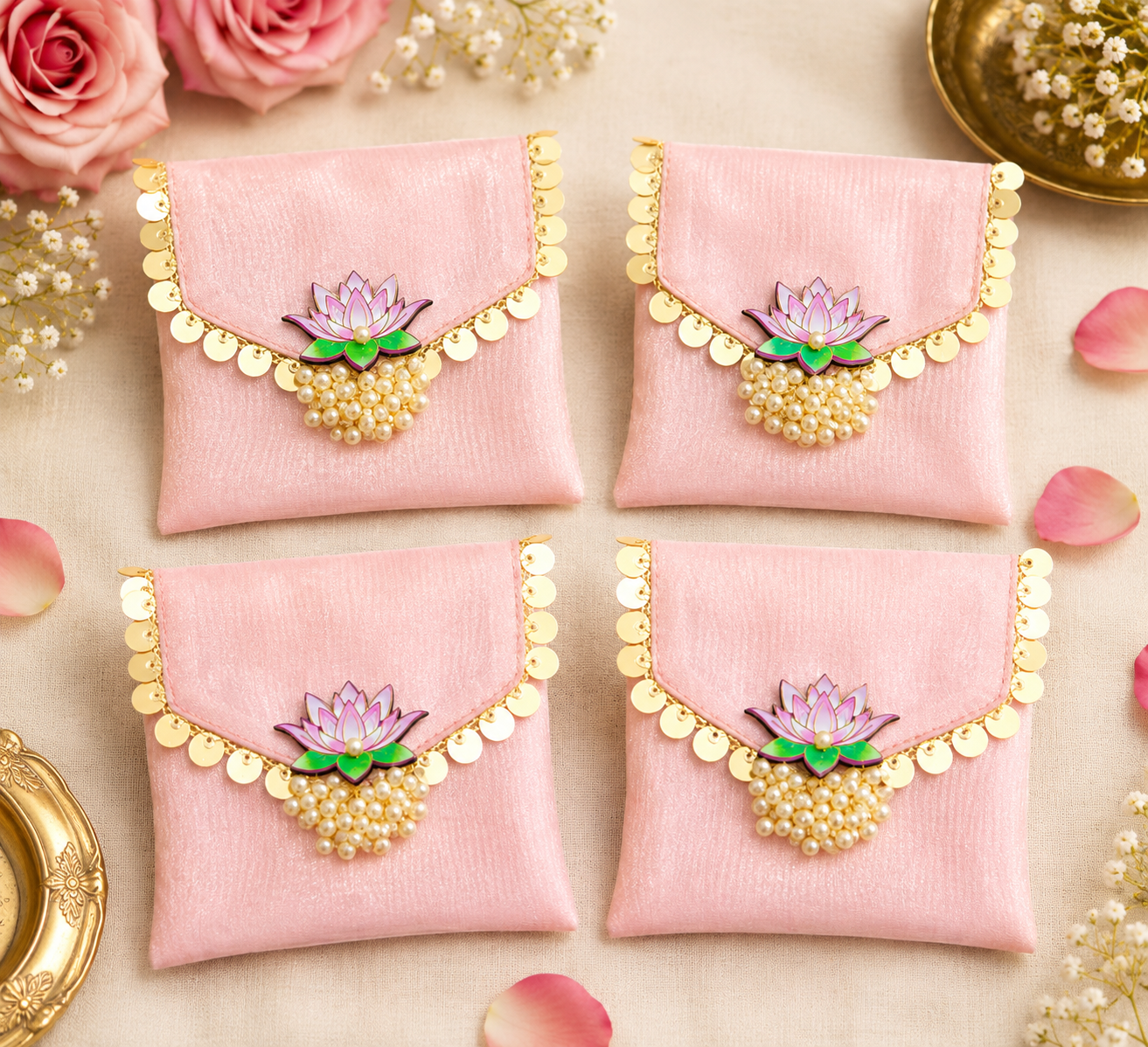 Pink organza Shagun pouches with Lotus embellishment