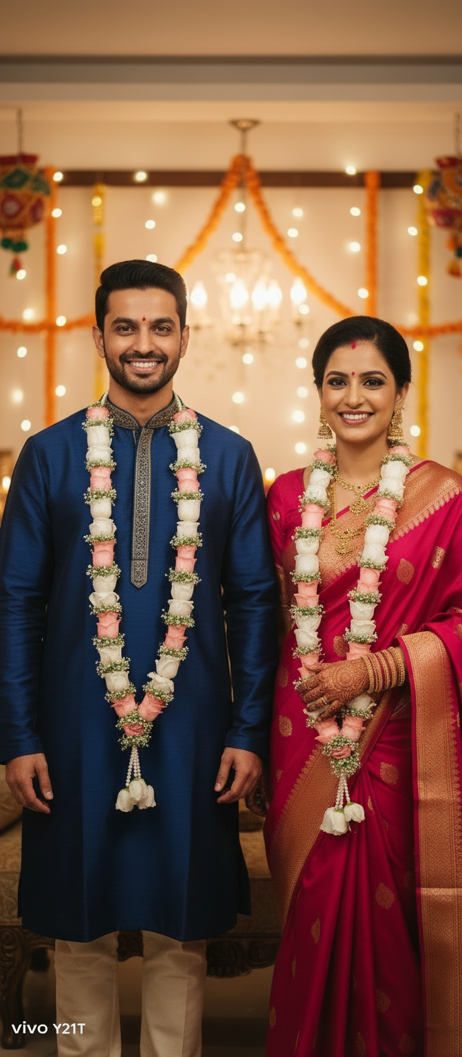 Pink rose wedding varmala with white baby’s breath floral detailing and pearl hanging for traditional Indian marriage