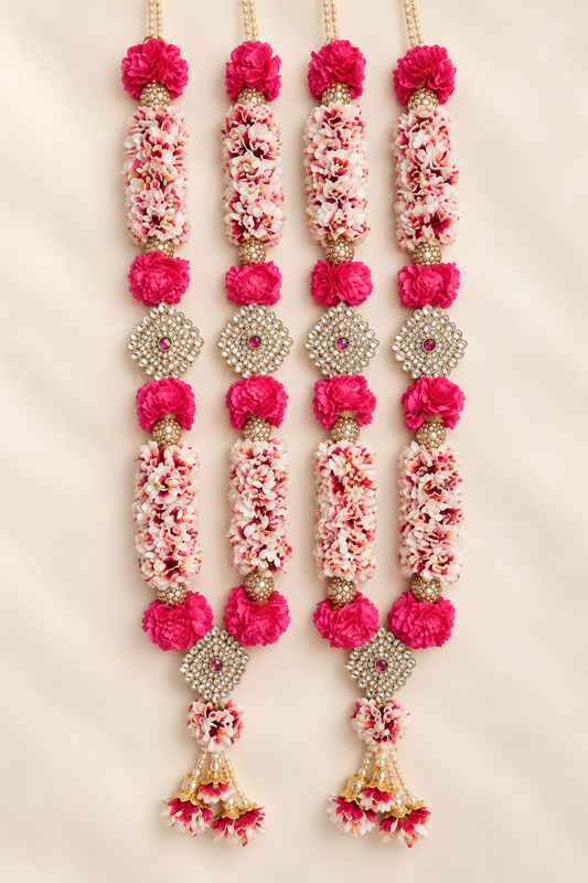 Pink rose and diamond stone wedding varmala set of two handcrafted garlands for the bride and groom