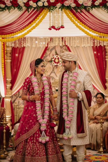 Bride and groom wearing pink rose floral varmala garlands with white accents and decorative tassels at an Indian wedding