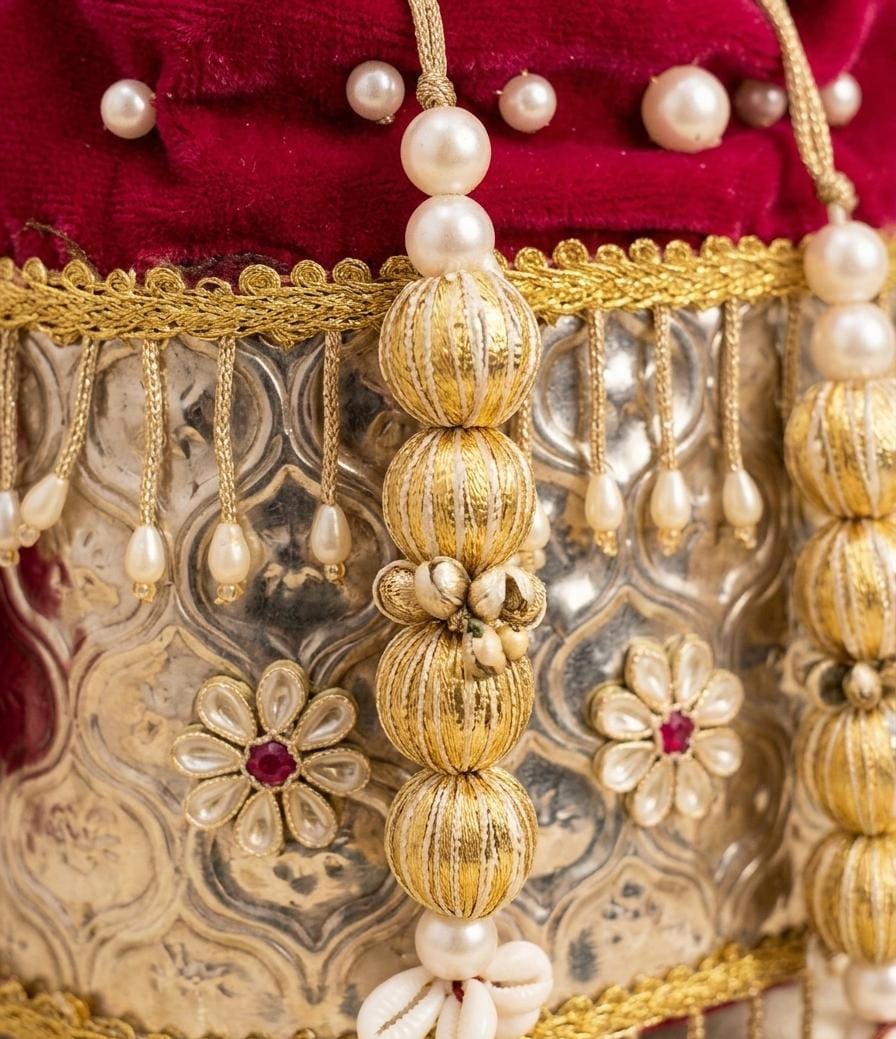 Pink velvet metal potli sling bag with traditional gold detailing