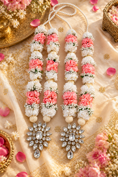Pink & White Floral Varmala Jaimala Set for Bride & Groom – 24 Inch