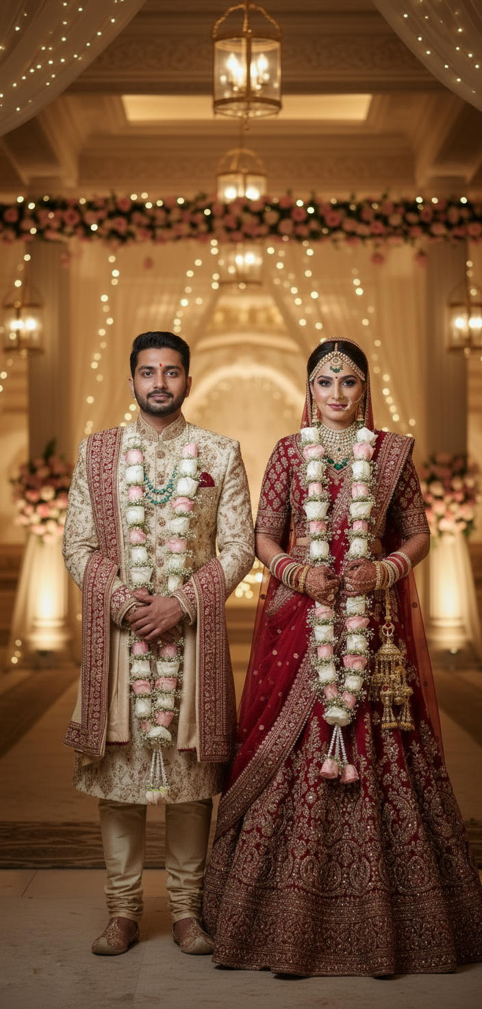 Pink and white rose varmala with baby’s breath and pearl tassels for bride and groom wedding jaimala ceremony