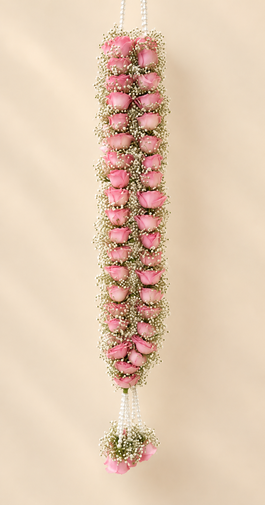 Pink and white wedding mala with pearl strands and rose clusters for dulha dulhan traditional wedding ceremony