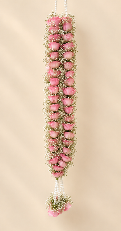 Pink and white wedding mala with pearl strands and rose clusters for dulha dulhan traditional wedding ceremony