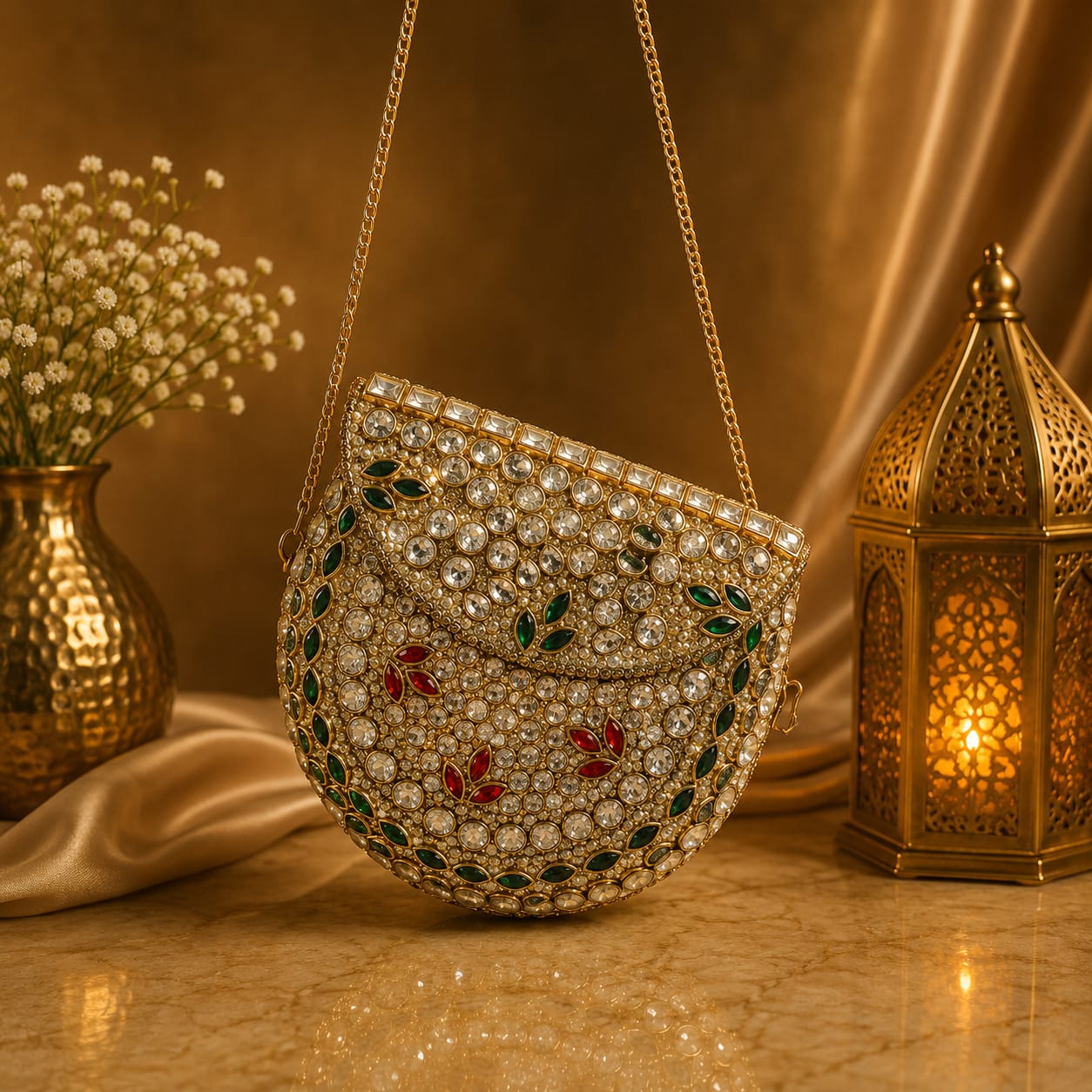 Premium party wear clutch with elegant Emerald Kundan stones
