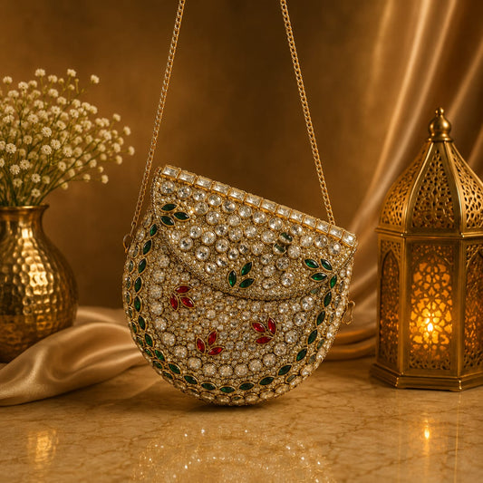 Premium party wear clutch with elegant Emerald Kundan stones