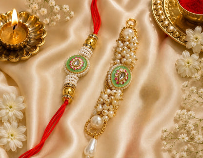Premium Emerald Pearl Kundan Bhaiya Bhabhi Bracelet Rakhi Set with Roli Chawal and Best Wishes Card