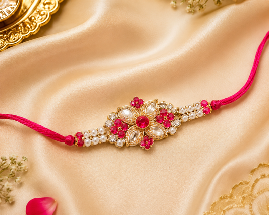 Premium Floral Kundan Pearl Designer Rakhi for Brother with Pink Silk Thread
