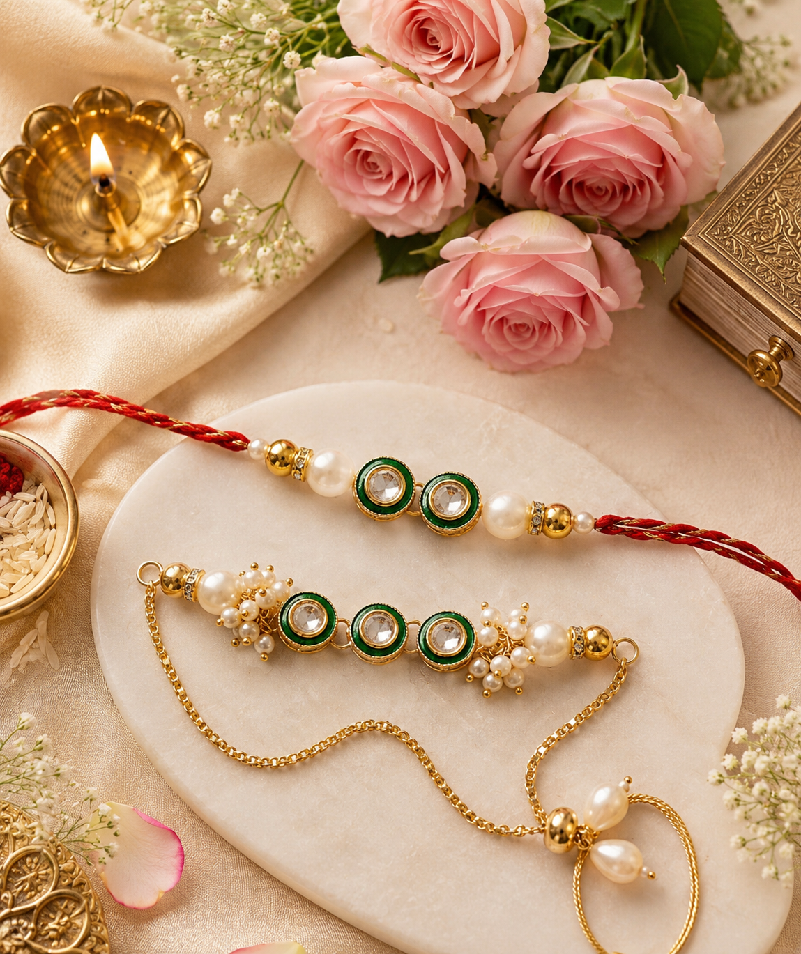 Premium Kundan Pearl Bhaiya Bhabhi Rakhi Set with Roli Chawal for Raksha Bandhan