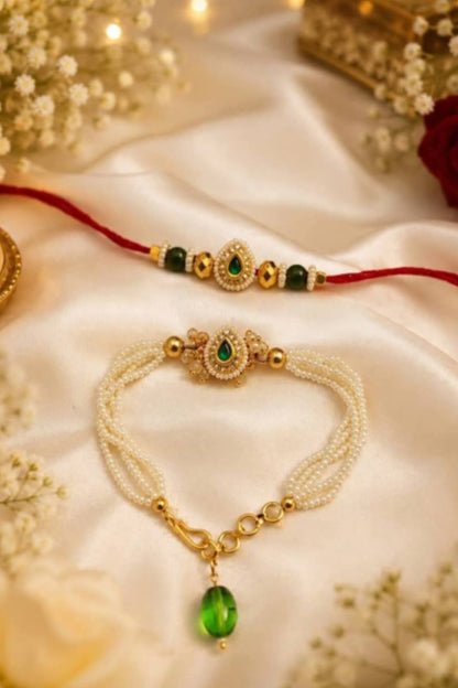 Handmade Emerald Mint Green Kundan Rakhi for Brother with Pearl Lumba Rakhi for Bhabhi