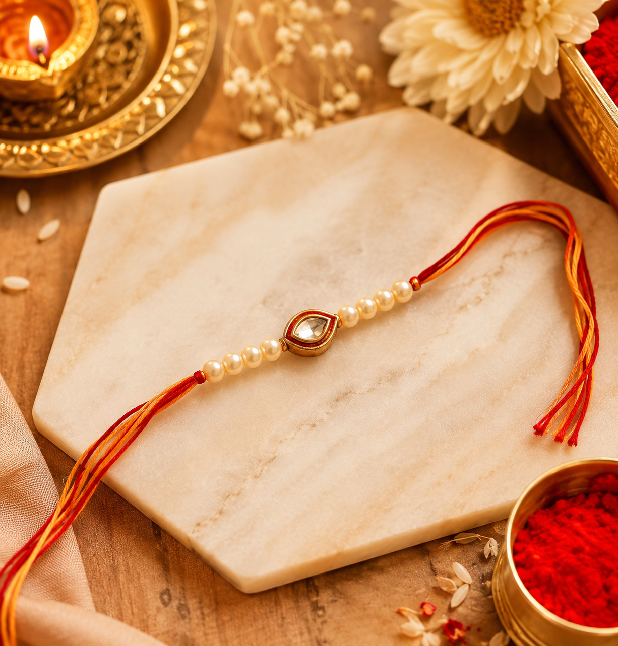 Premium Moti Kundan Moli Kalawa Rakhi with Roli Chawal and Best Wishes Card