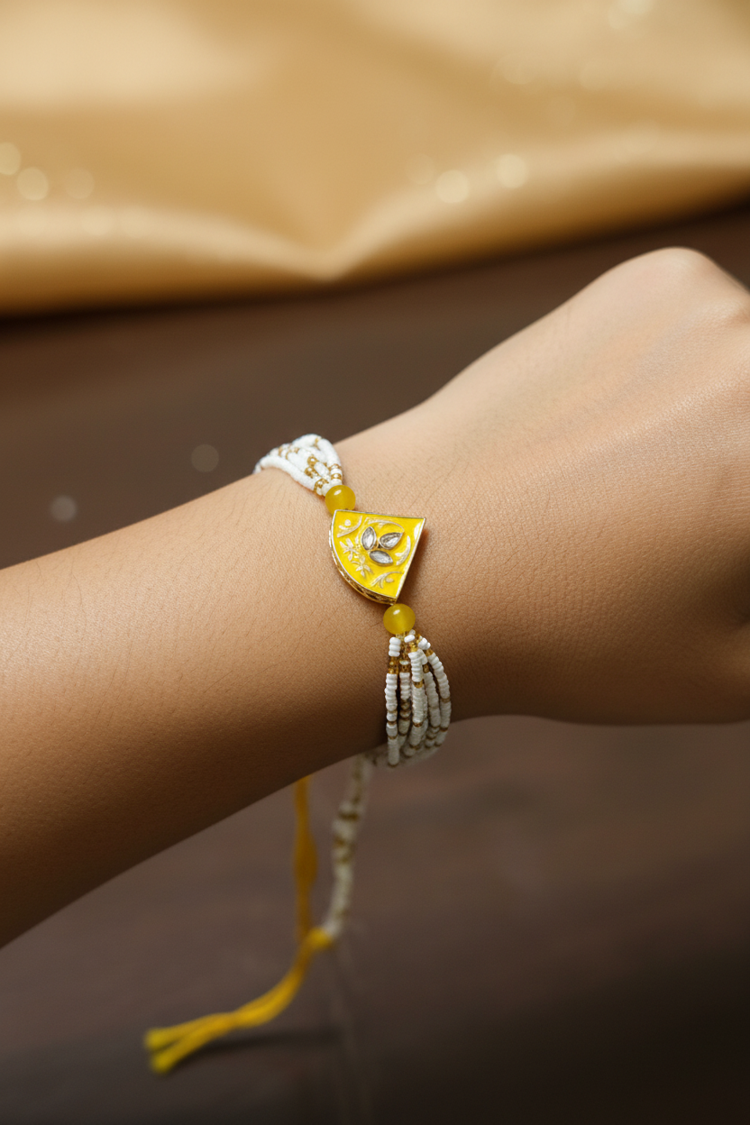 Premium Moti Meenakari Designer Bracelet Rakhi for Brother with Yellow and Pink Enamel Work