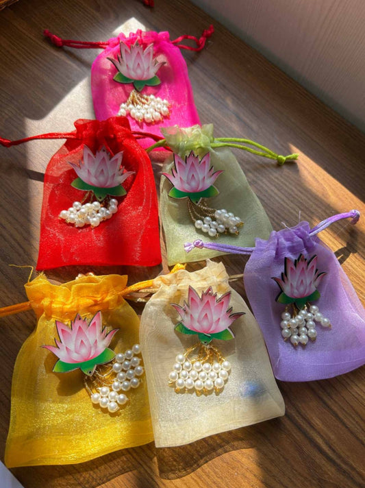 Premium organza coin potli bags with lotus pearl latkan, pack of 20