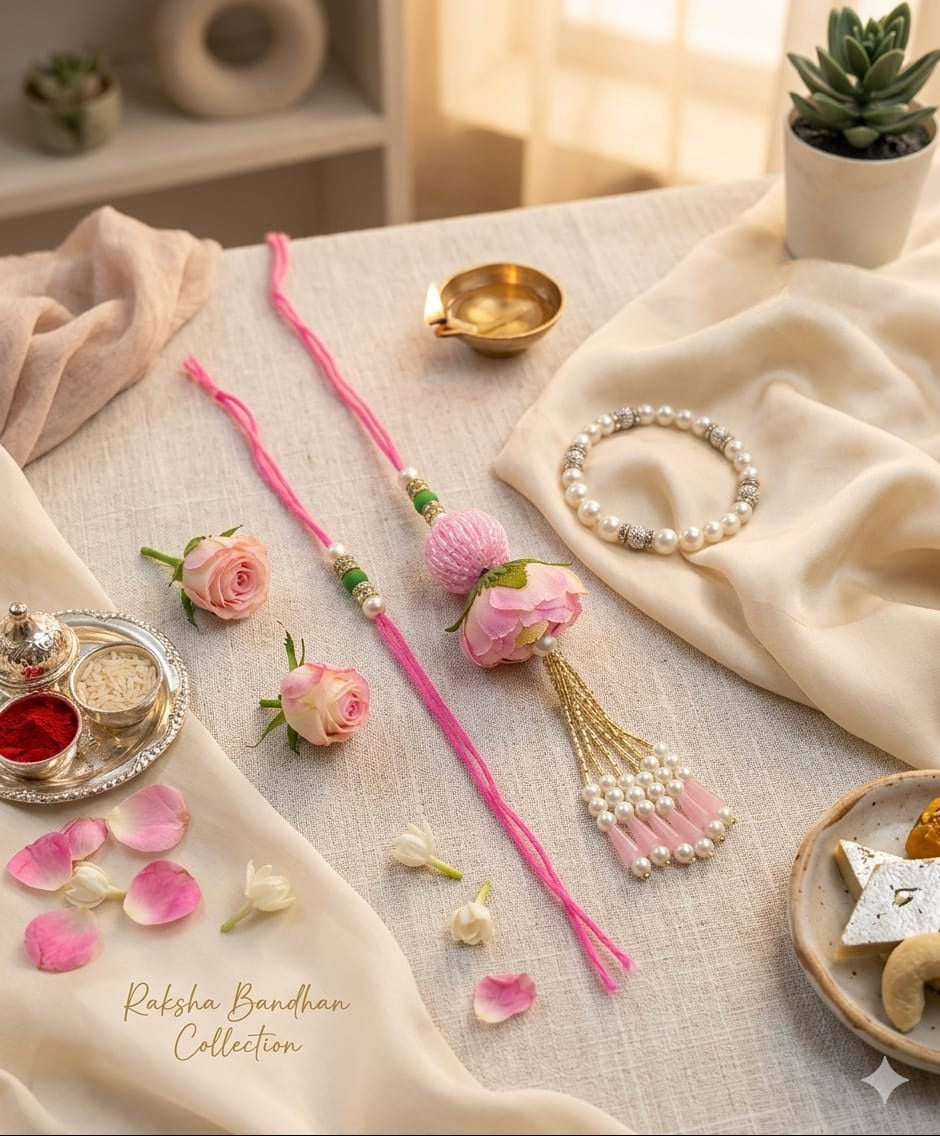 Premium Pearl Floral Bhaiya Bhabhi Rakhi Set with Tassel, Roli Chawal and Best Wishes Card