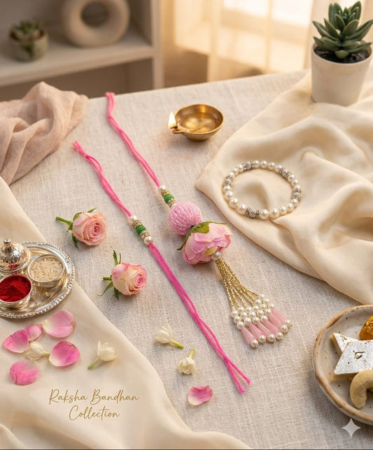 Premium Pearl Floral Bhaiya Bhabhi Rakhi Set with Tassel, Roli Chawal and Best Wishes Card