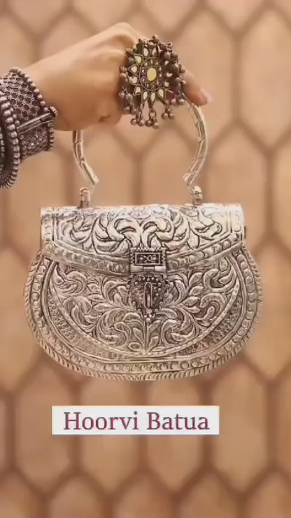German Silver Antique Embossed Metal Clutch Bag | Floral Carved Bridal & Festive Purse