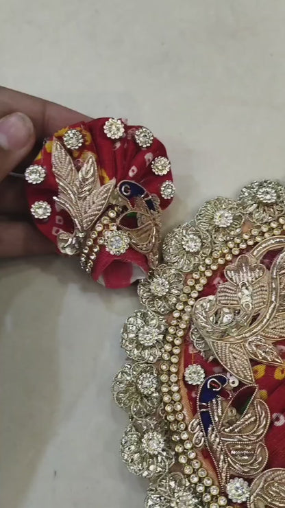 Orange Bandhej Ladoo Gopal Poshak with Pagri | Peacock Bro Buti Design