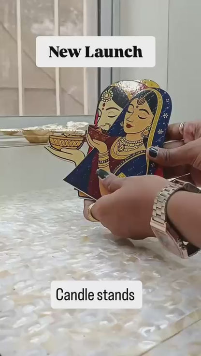 Beautiful handcrafted MDF pair of lady candle stands perfect choice for Diwali decor pack of 5 pair         (No candle included)