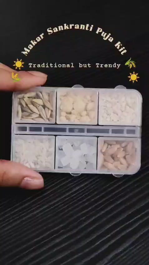 6-in-1 Makar Sankranti Puja Kit
Til | Gud | Wheat | Barley | Rice | Mishri  pack of 15
