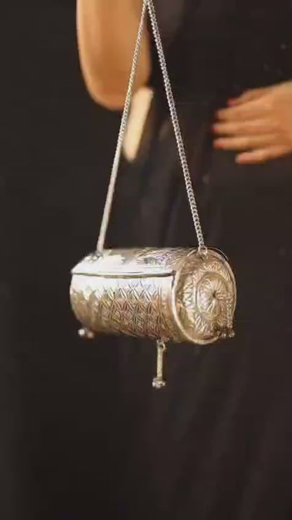 Royal silver antique handcrafted brass clutch bag with traditional detailing