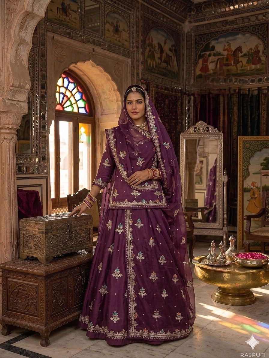 Purple designer Rajputi poshak with traditional Zari handwork