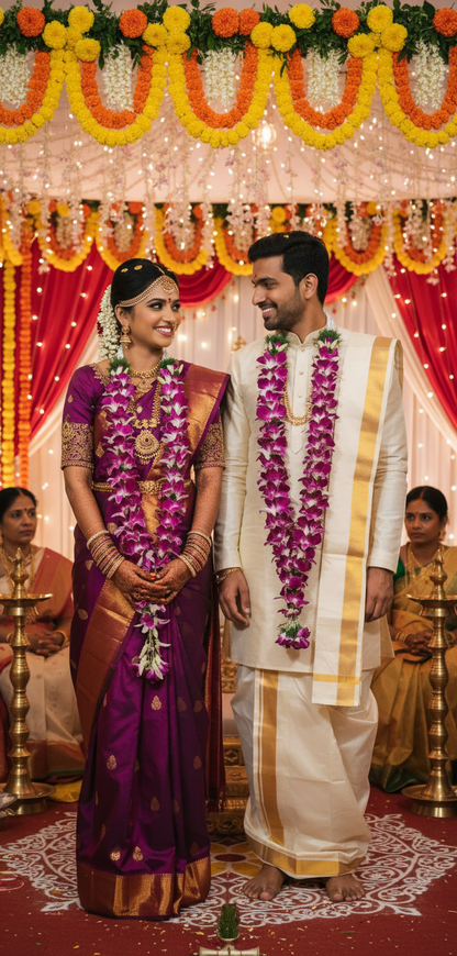Purple and white floral varmala pair with pearl-loop handles for bride and groom wedding jaimala ceremony