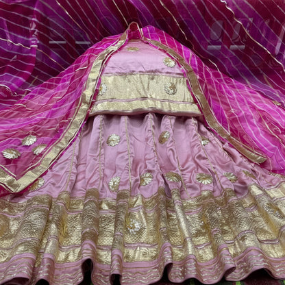 Close-up of Lehriya pattern on Rajputi satin suit
