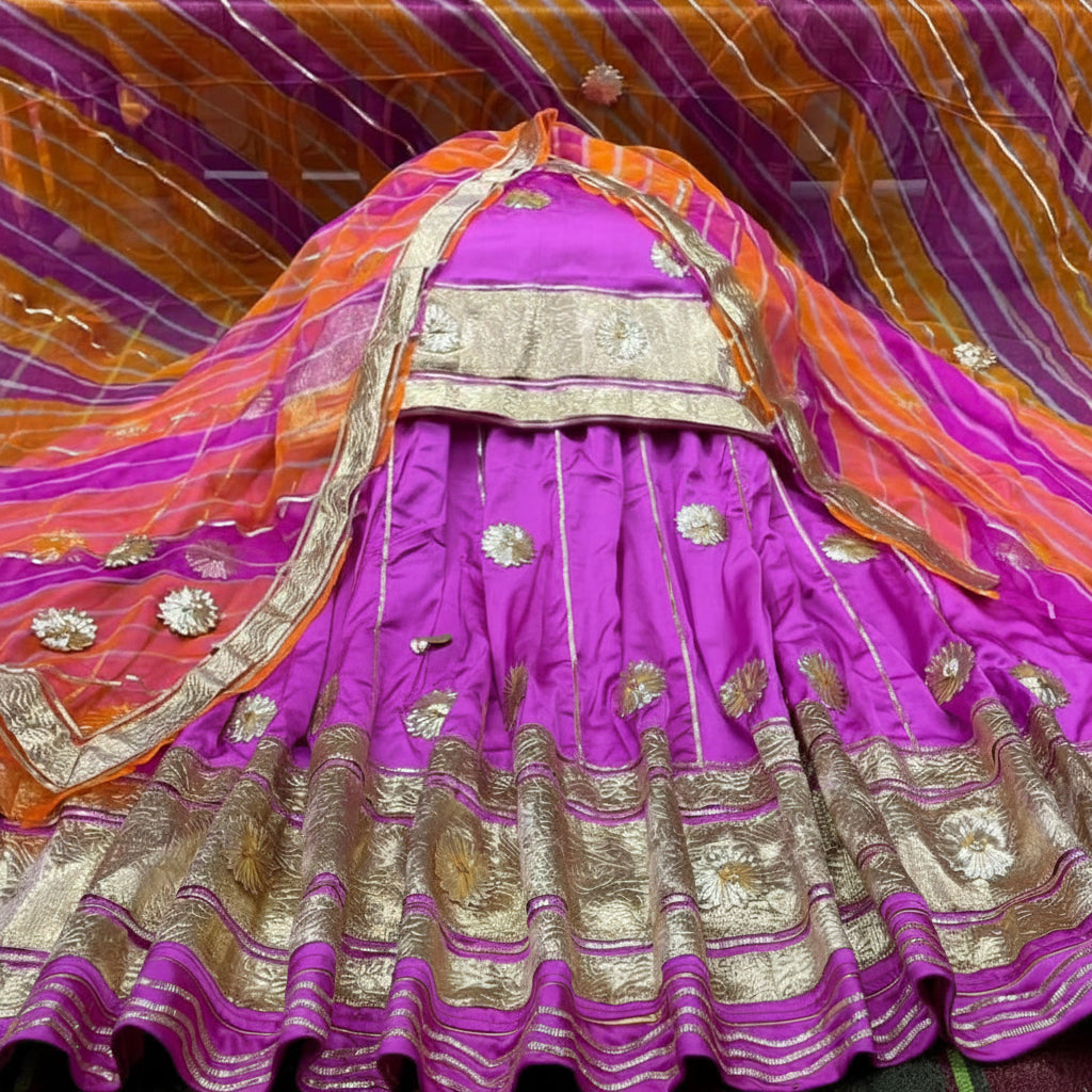 Rajputi Lehriya satin suit with detailed Humrai Pure Odhni