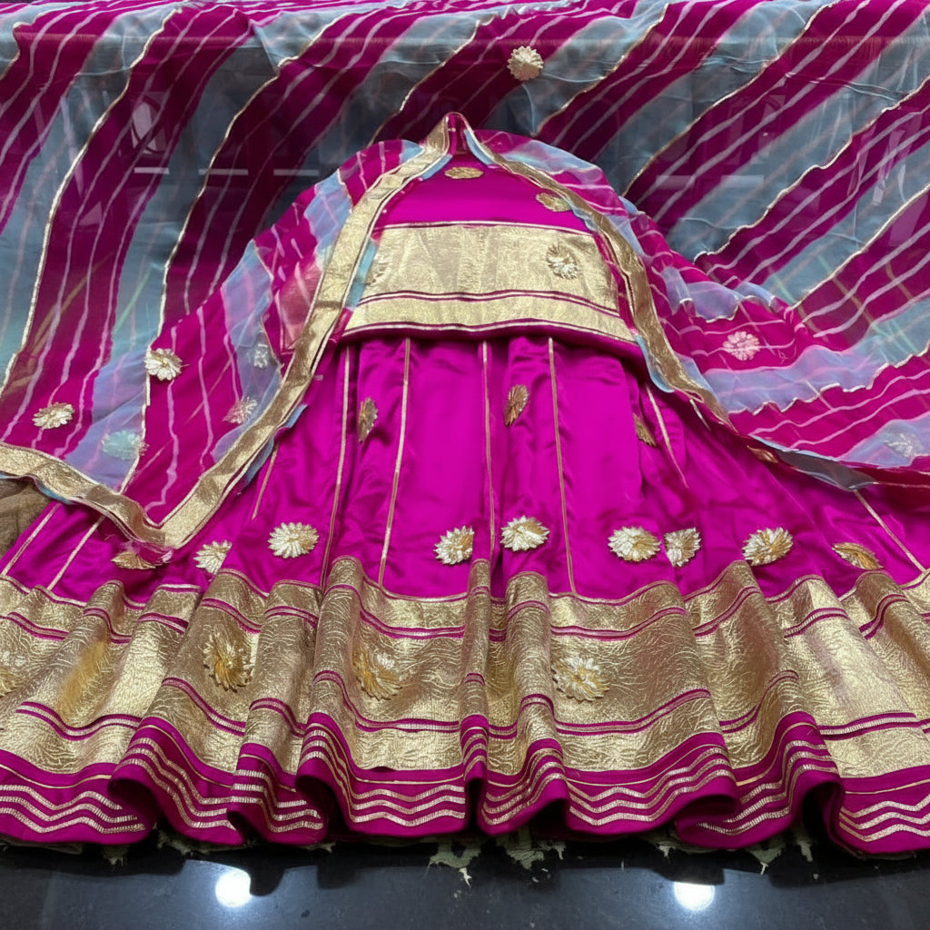 Rajasthani woman wearing Rajputi Lehriya satin suit with Pure Odhni
